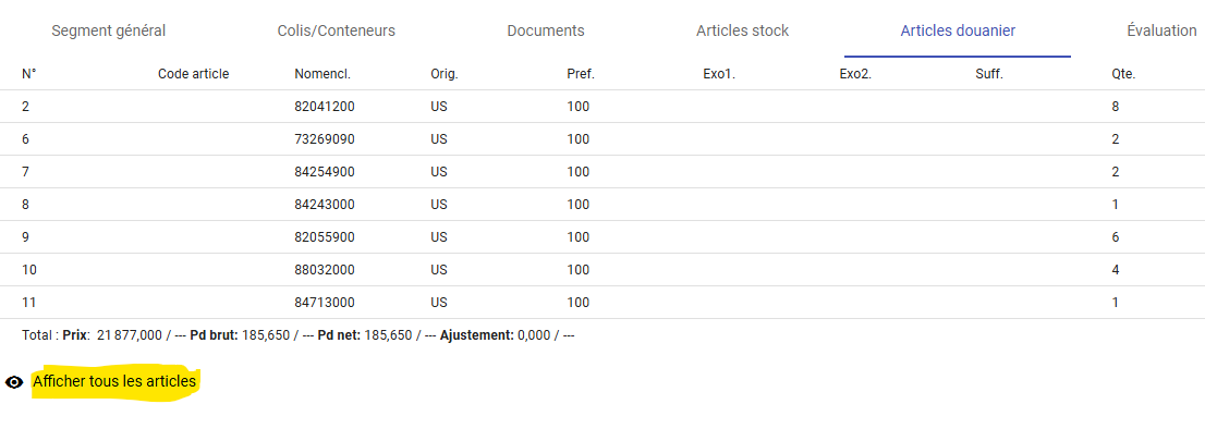 Vue filtrée des articles non apurés