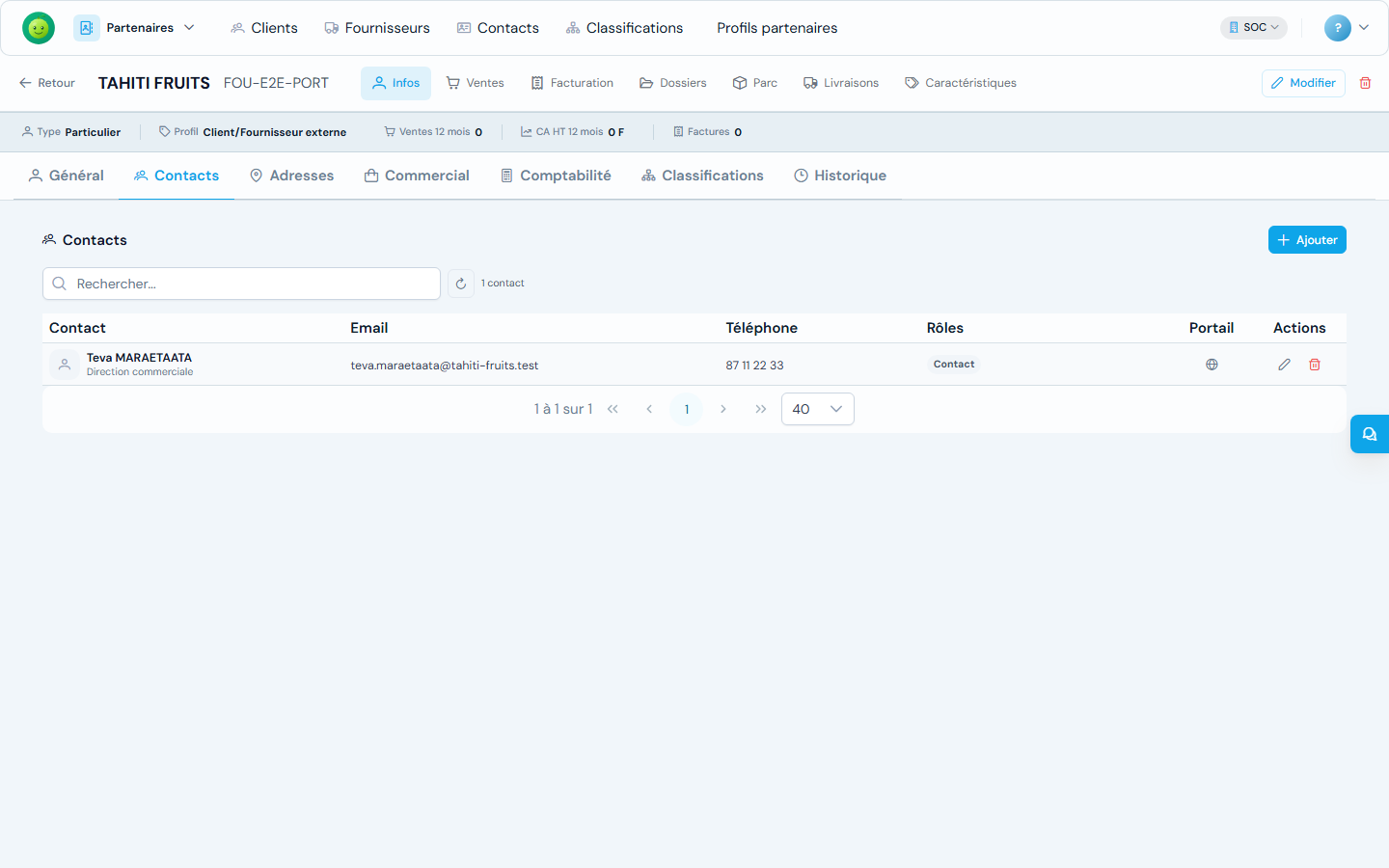 Onglet Contacts d'une fiche fournisseur